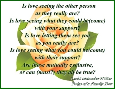 Is love seeing the other person as they really are? Is love seeing what they could be(come) with your support? Is love letting them see you as you really are? Is love seeing what you could be(come) with their support? Are those mutually exclusive, or can (must?) they all be true? #Love #WhatIsLove #TwigsOfAFamilyTree